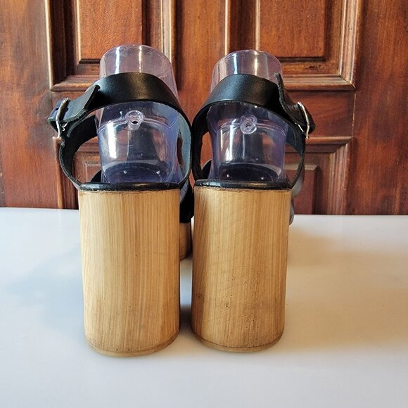 Anthropologie Silent D Italian Black Leather Wooden Fisherman Heels Sz 41 - Picture 5 of 11
